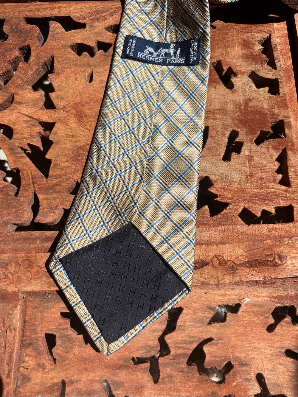 Hermes Beige Tie with Blue Windowpane Grid